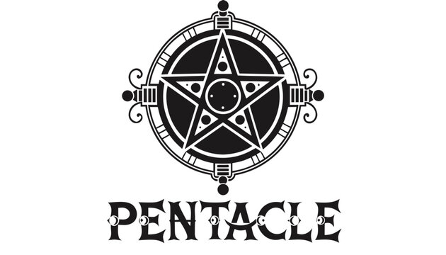 Very beautiful black-and-white engraved vector illustration featuring the PENTACLE with precise geometric linework and a decorative cultural label reading "PENTACLE", isolated on white background.