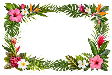 Fototapeta premium Tropical hibiscus flowers and palm leaves frame border isolated on transparent background