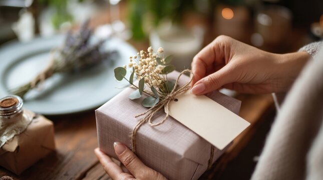 Elegant female hands holding wrapped gift box with blank tag, close up of person decorating present with twine and dried flowers on wooden table, selective focus aesthetic craft workshop