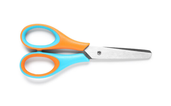 Colorful kids scissors with orange and blue handles, crafting and school supplies, isolated on white background