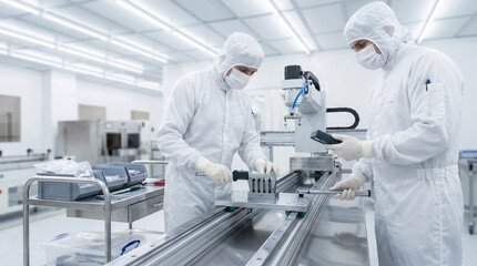 Naklejka premium Cleanroom Technicians Validating Precision Robotic Motion System
