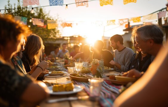 Friends enjoy a summer dinner outdoors at sunset with food on tables, conversation, and festive decorations in a lively atmosphere