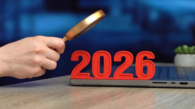 Businesswomen studies the year 2026. Business plans and goals. Summing up. Strategic vision, long term forecasting, performance review. Goal setting, market outlook
