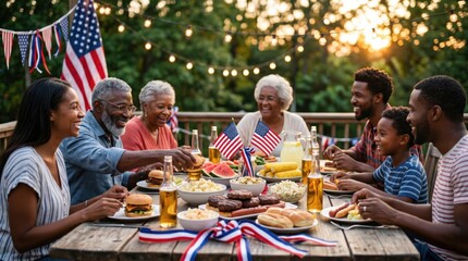 Fototapeta premium Happy senior citizens enjoying active retirement lifestyle at festive 4th of July backyard home celebration dinner party with family sharing barbecue food and traditional patriotism values