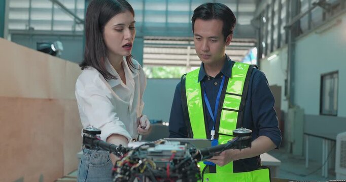 Startup Entrepreneur and Engineer Review Drone Prototype in Industrial Workshop