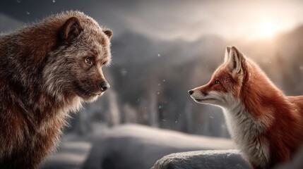 Fototapeta premium Intense face off between wild brown bear and red fox in snowy forest