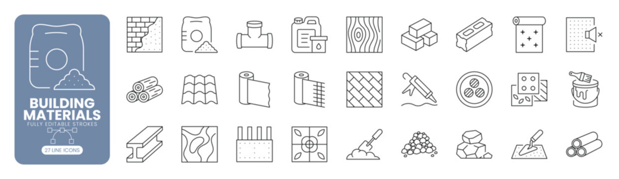 Building materials line icon set featuring cement bag, bricks, concrete block, timber, steel beam, roofing sheet, pipes, insulation, paint, gravel and construction supply concepts. Editable stroke