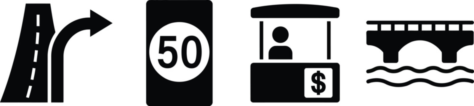 Road traffic icons illustration set, generic highway shield exit ramp speed limit toll booth bridge and tunnel symbols.