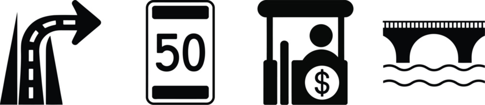 Road traffic icons set, generic highway shield exit ramp toll booth bridge and tunnel transportation symbols.