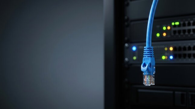 Blue ethernet cable rj45 connector hanging down in server room data center network hardware connection internet high speed broadband telecommunication technology infrastructure copy space