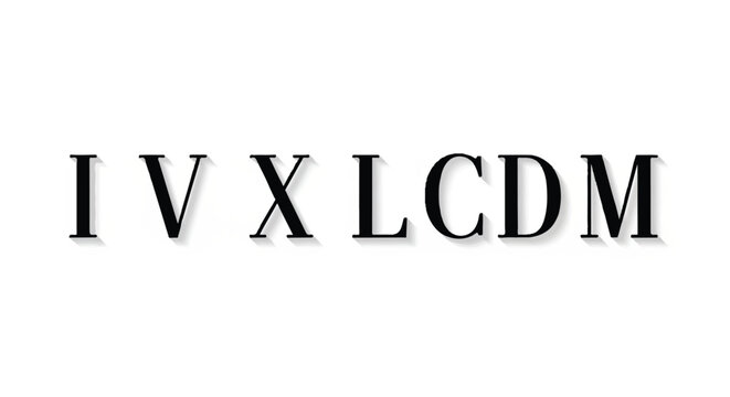 Minimalist typographic design featuring Roman numerals IV XL CD M in bold black on white background.