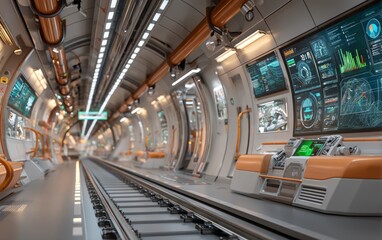 Obraz premium Futuristic high-tech subway tunnel interior with advanced control panels