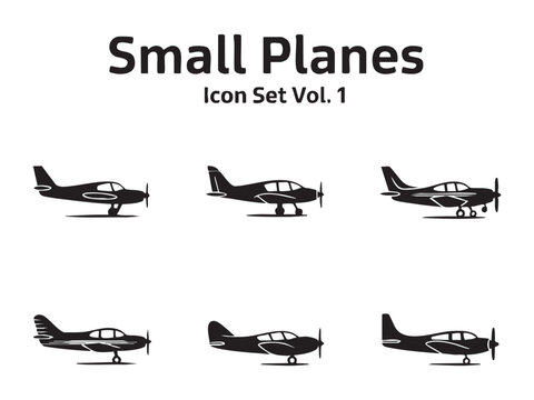 Icon set of small propeller planes depicted in side view for aviation and flight school branding.
