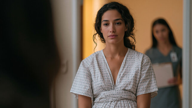 Gynecology patient in an examination room pulling a hospital gown tightly closed, the paper rustling audible in the visual tension, a nurse entering with a clipboard, the physical