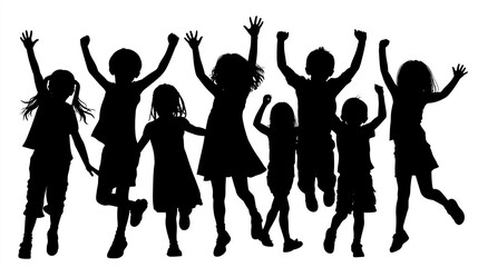 Fototapeta premium Dynamic black vector silhouettes of diverse children in energetic poses — running jumping and dancing — isolated on transparent background, joyful childhood concept illustration,