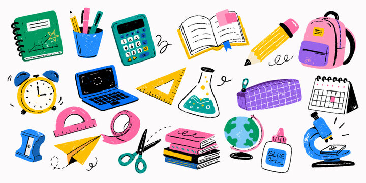 Vector illustration pack of back to school stationery elements. Hand drawn school supplies clipart set with backpack, books, and microscope for kids design.