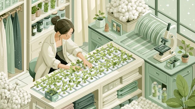 Isometric view of a sustainability manager focused on young cotton seedlings inside a clean textile lab bathed in soft daylight with pastel green and cream tones featuring