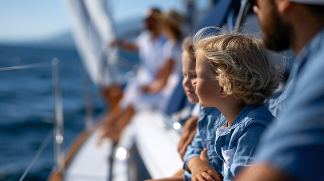 Faceless family sailing on a private yacht, children at the bow watching the sea, parents steering in the background, defocused open ocean in background, family yacht vacation