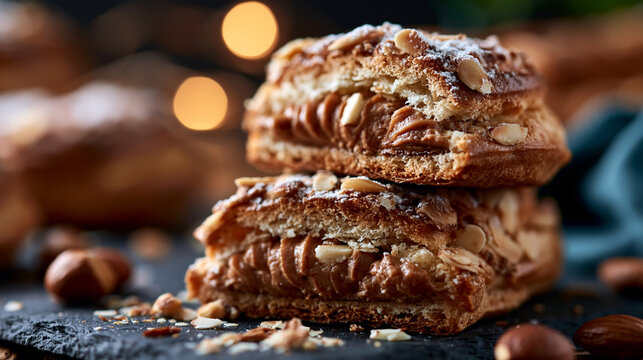 Paris Brest cross section revealing rich praline cream filling between almond-studded choux layers, moody atmospheric light, defocused dark bakery surface in background, choux