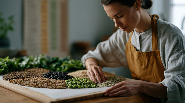 Nutrition student arranges quinoa, black beans, edamame, hemp seeds and leafy greens into precise visual wheel chart on large cutting board, amino acid reference poster taped to