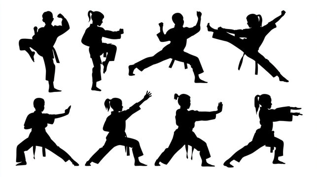 Children silhouettes performing karate and martial arts moves in dynamic stances, showcasing strength and agility, clean black vector on white background, kids martial arts