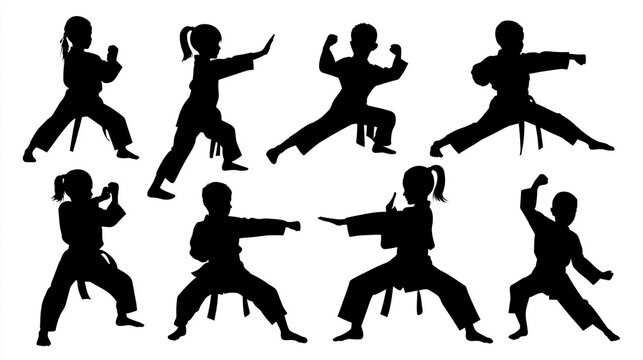 Children silhouettes performing karate and martial arts moves in dynamic stances, showcasing strength and agility, clean black vector on white background, kids martial arts