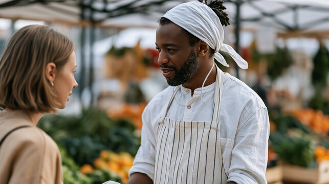 Female founder at an outdoor farmers market tests her early-stage sustainable packaging product with a vendor, watching him wrap produce while asking detailed questions about