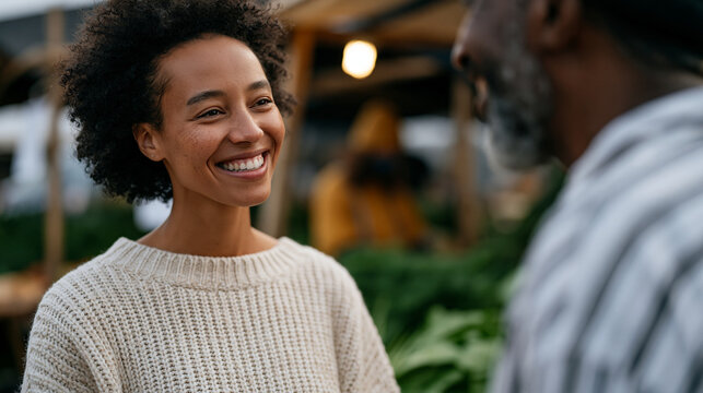 Female founder at an outdoor farmers market tests her early-stage sustainable packaging product with a vendor, watching him wrap produce while asking detailed questions about