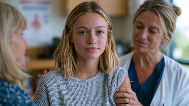 Oncology nurse administering HPV immunization to a teenage girl in a school health clinic while the girl's mother observes, a cervical cancer prevention poster visible behind the