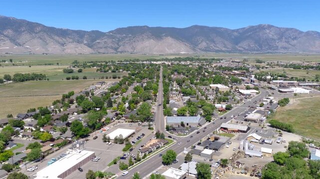 Gardnerville Nevada - Aerial View of Gardnerville along 395 facing NorthWest with Sierra Nevada Mountains in Background