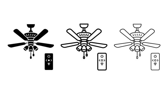 Ceiling fan with remote control: silhouette, line art, outlined design styles
