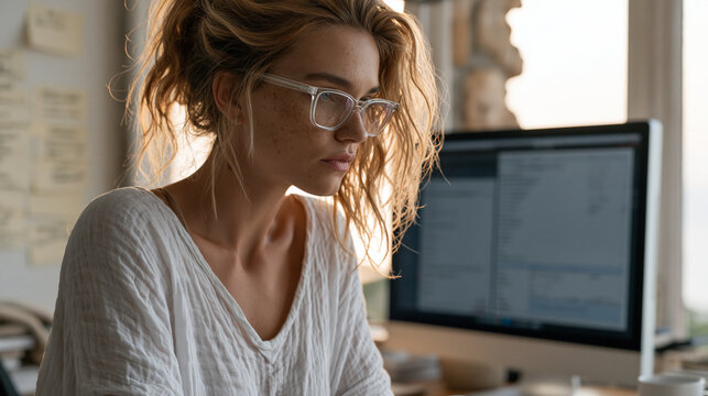 Solopreneur in her mid-thirties organizes her entire business operation from a compact home office corner, using a single monitor split between invoicing software, a project