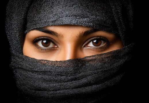 A woman dressed in a black burka looks directly at the viewer. The background is dark, emphasizing her expressive eyes