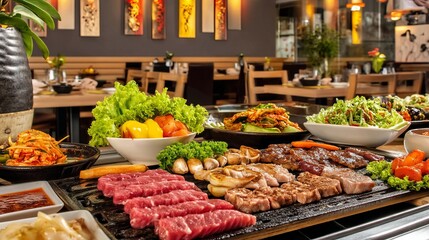 Obraz premium Fresh Raw Meat Cuts Arranged on a Barbecue Preparation Table Scene