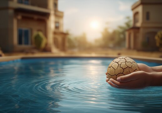 A person holds a cracked ball above a pool during sunset, illustrating the theme of water scarcity versus luxury consumption in the city