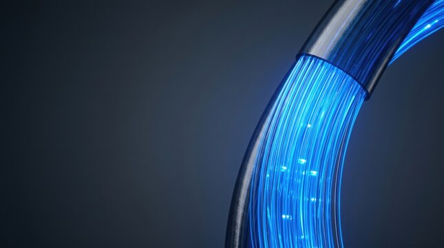 Macro view of glowing blue optical fiber cable ends high speed broadband internet network signal transmission telecommunication equipment infrastructure component digital information data line mockup