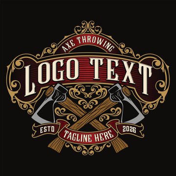Vintage axe throwing emblem logo template with crossed axes and ornate filigree decorative borders.