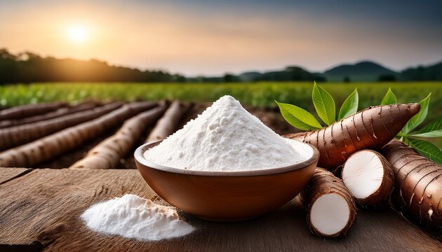 cassava flour with fresh cassava roots in the background on a farm cassava flour food agriculture root farm crop