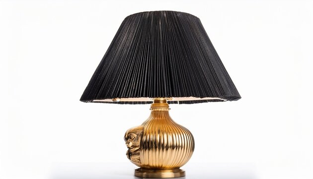 gold brass table lamp with sculptural monkey base and black pleated shade isolated on white background for interior decor use