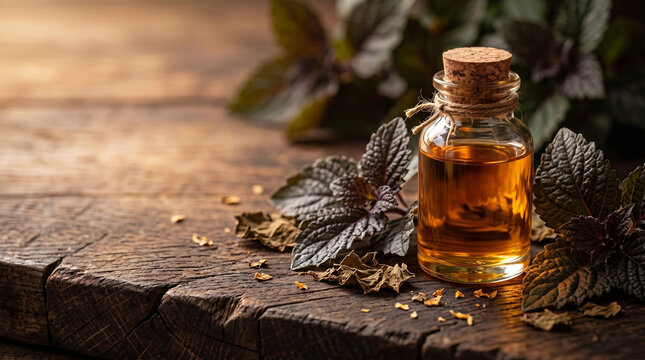 Dark herbal essential oil in glass bottle on rustic wooden table background, patchouli or basil organic extract for perfumery, natural aromatherapy product, warm golden light wellness concept