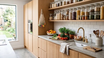 eco-friendly homes, a bright, clean kitchen filled with glass jars and fresh fruits and vegetables