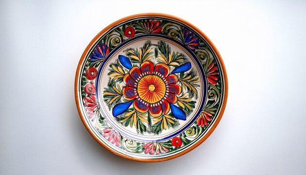 hand painted balkan folk art ceramic plate with white background