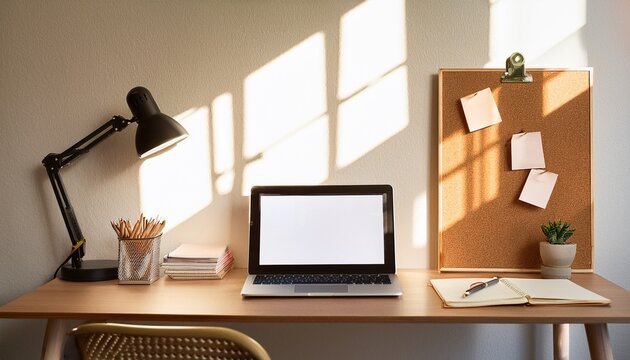 cozy home office desk with laptop notebooks and wooden accessories in sunlight minimalist dorm study desk with laptop stationery organizer desk lamp notebooks and corkboard