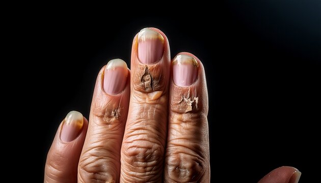 close up of damaged natural nails a natural hand with problematic cuticles and broken nails emotional stress age related skin changes hand care
