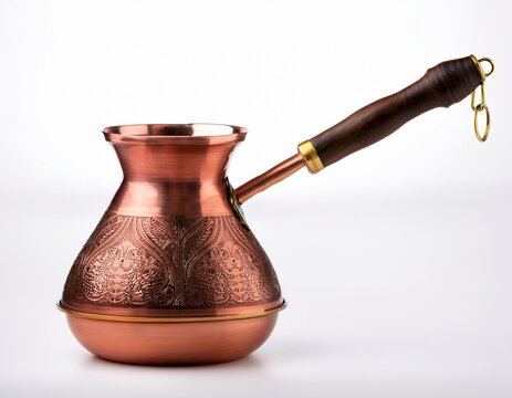 vintage hammered copper cezve with brass handle on white background