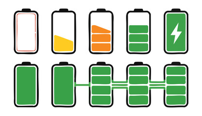 Battery level indicators set with charging and discharging progress, various status icons for devices. © Mohammad