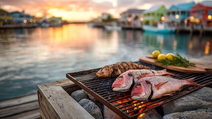 Obraz premium Grilled Whole Red Snapper and Scallops in Vibrant Village by the Water