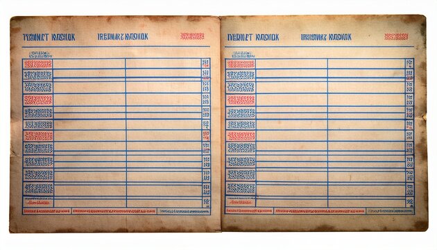 vintage blank restaurant guest check sheets with blue table lines and red serial numbers isolated on white background retro paper texture