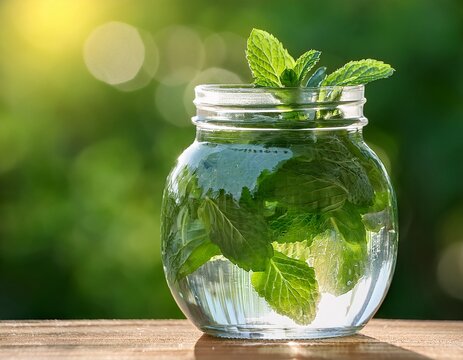 fresh and invigorating mint leaves in a clear glass jar with water showcasing the natural simplicity and refreshing qualities against a blurred green background