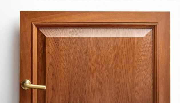 vertically fluted warm oak cabinet door sample with brass tab pull on a white background